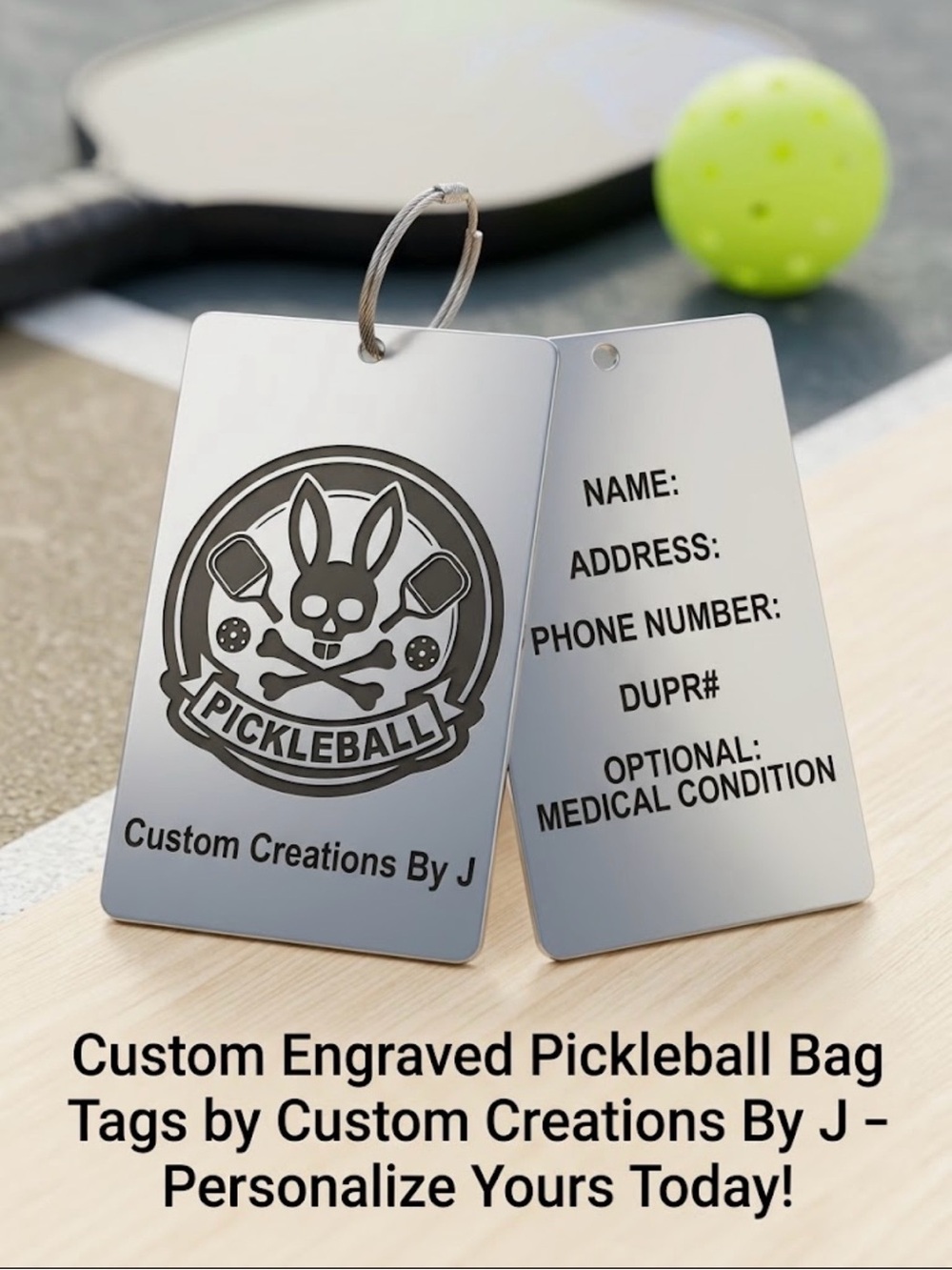 Custom Engraved Silver Pickleball Bag Tag - Personalized